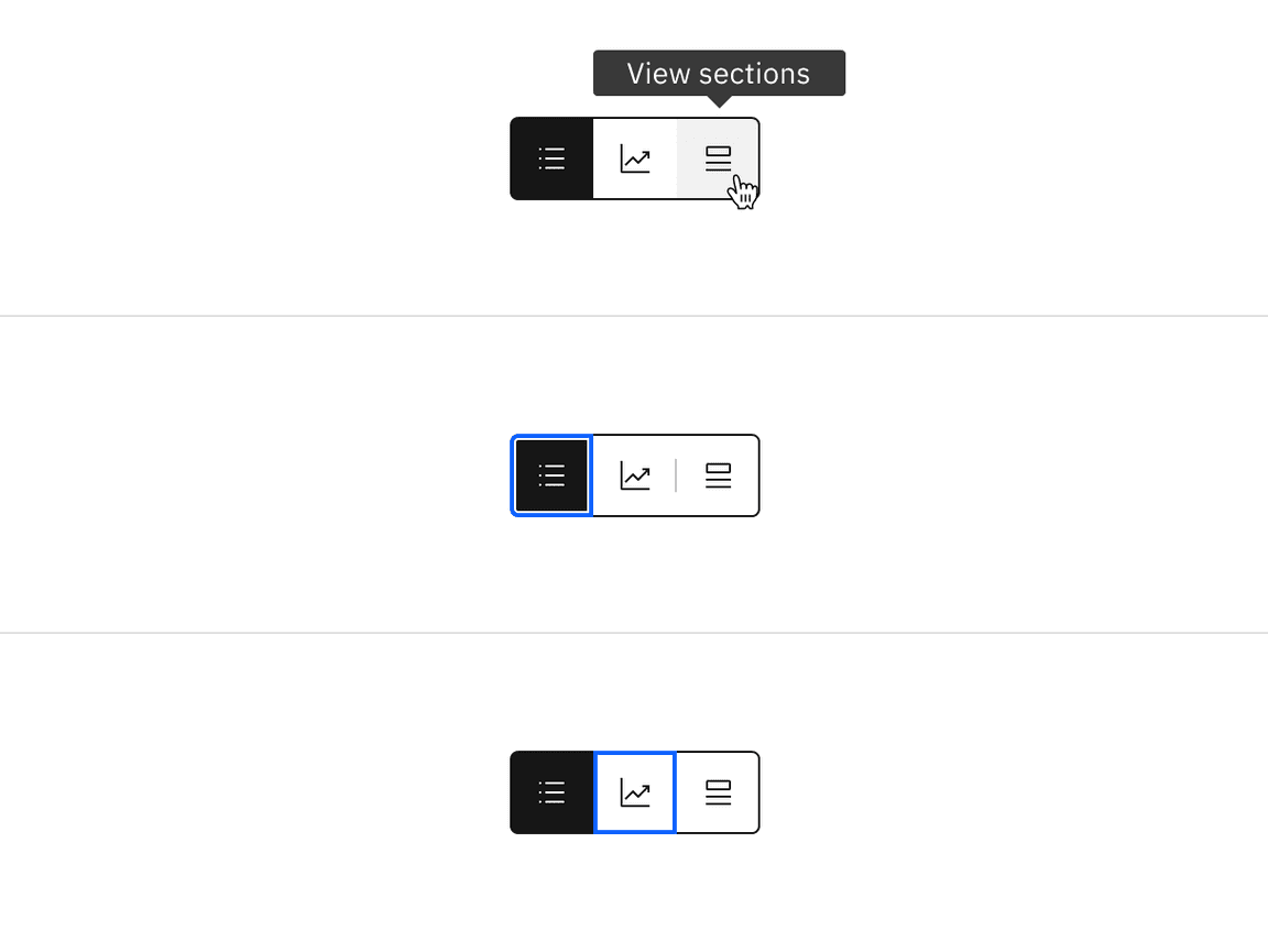 Example of icon content switcher interactive states Example of icon content switcher interactive states