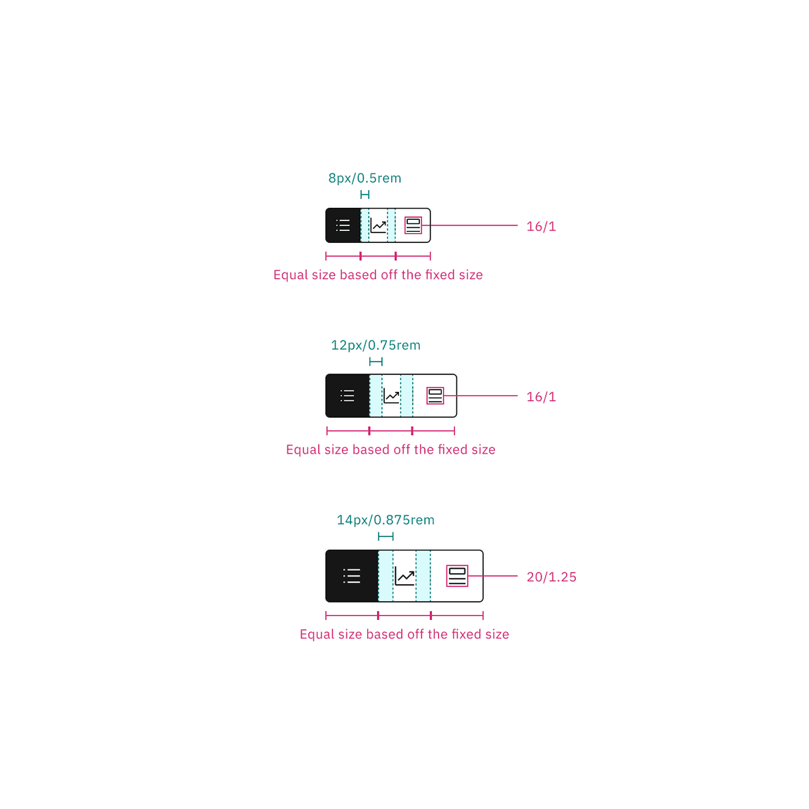 Icon content switcher structure and spacing measurements Icon content switcher structure and spacing measurements