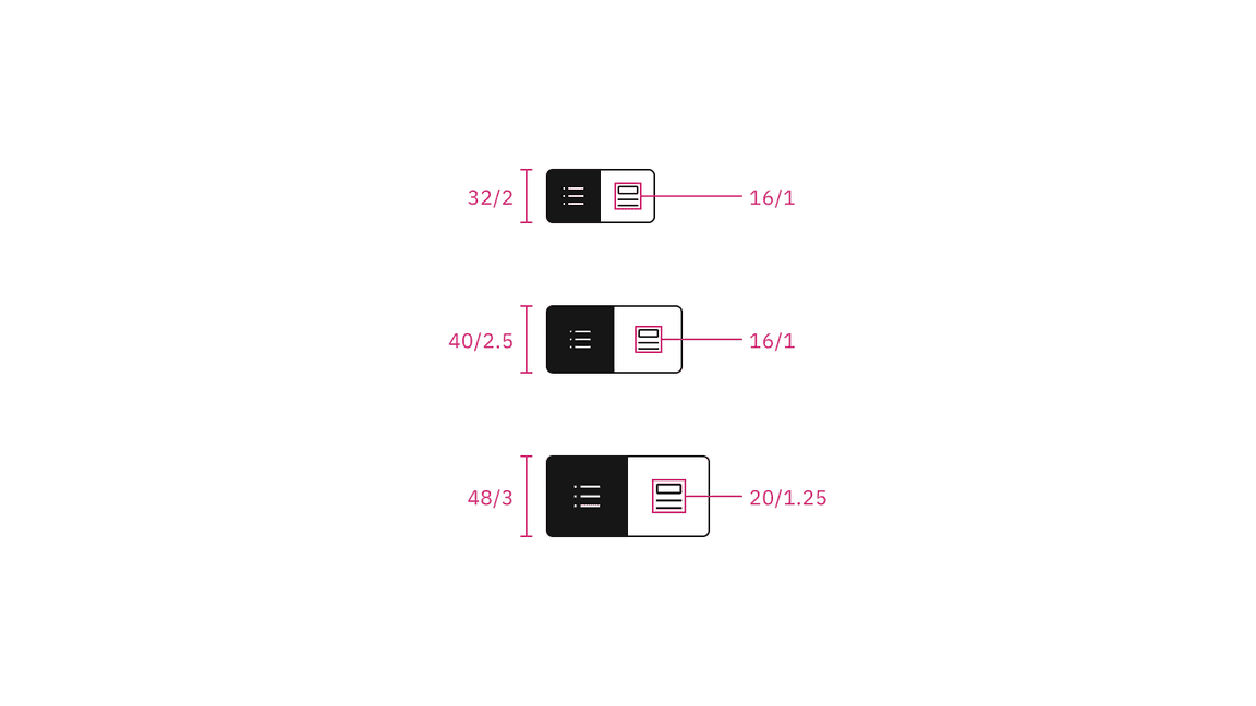 Icon content switcher sizes | px / rem Icon content switcher sizes | px / rem