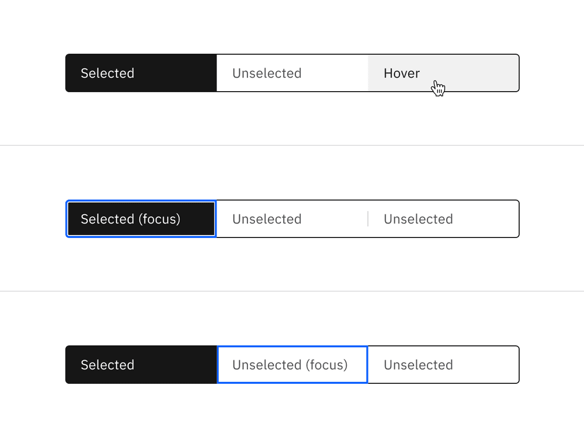 Example of default content switcher interactive states Example of default content switcher interactive states