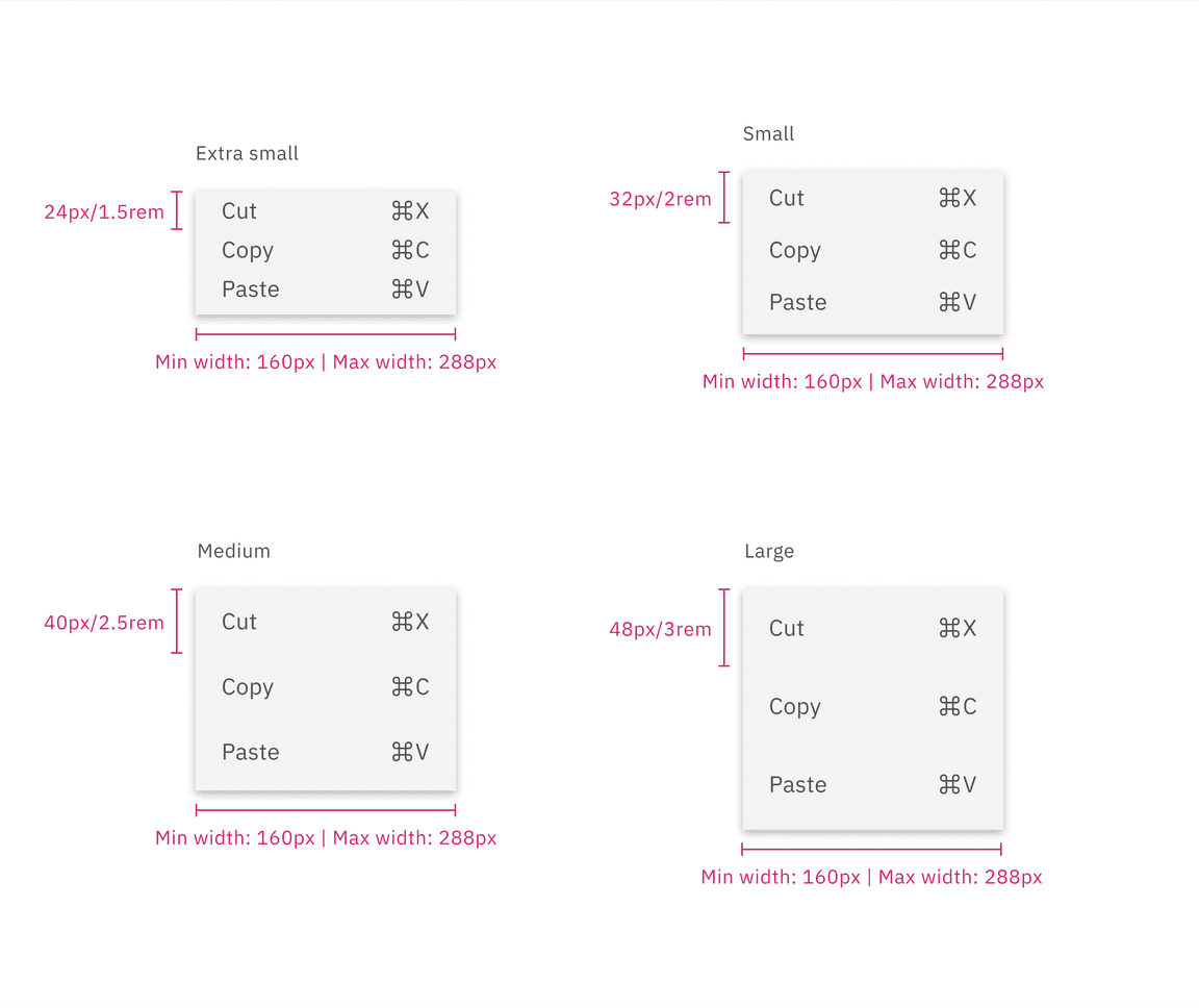 Menu sizes Menu sizes