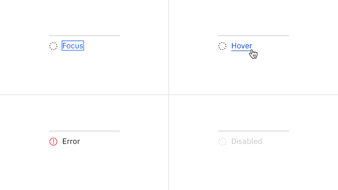 Examples of focus, hover, error, and disabled states for progress indicator Examples of focus, hover, error, and disabled states for progress indicator