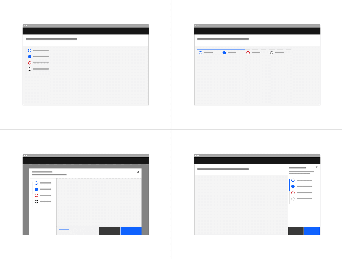Examples of progress indicators on a full page, tearsheet, and side panel Examples of progress indicators on a full page, tearsheet, and side panel